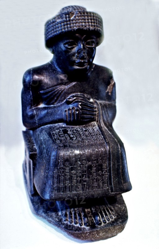 Seated statue of Gudea, prince of Lagash city', one of many Sculptures dedicated to this ruler wh?