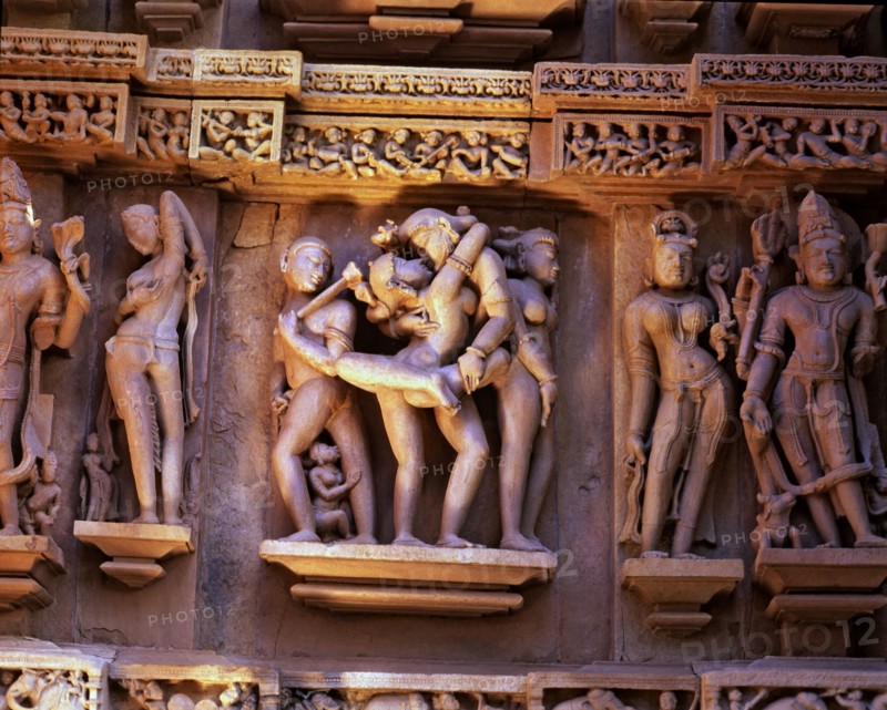 Reliefs with erotic scenes in the Lakshmana Temple, Kajuraho, India..