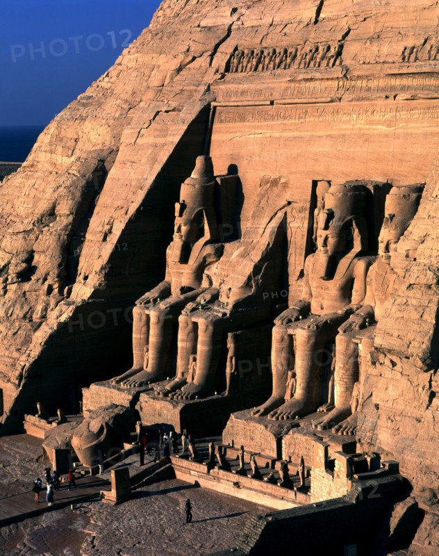 Façade of the Great Temple of Ramses II at Abu Simbel. It has four seated colossi of Ramses II an?