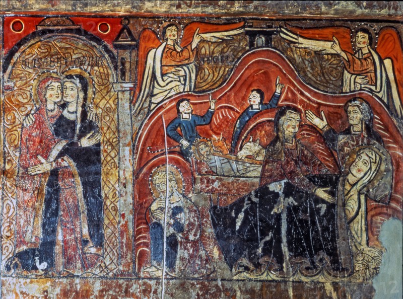 'Visitation and Nativity', detail of the front of the Iguácel altar. Painting on panel from the ?