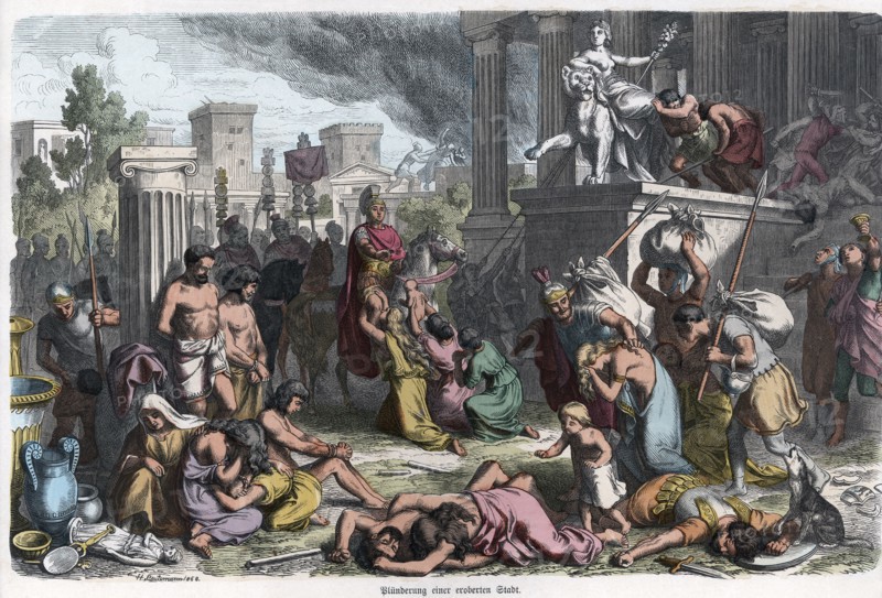 Plunder by the Romans of an enemy city, engraving 1868.