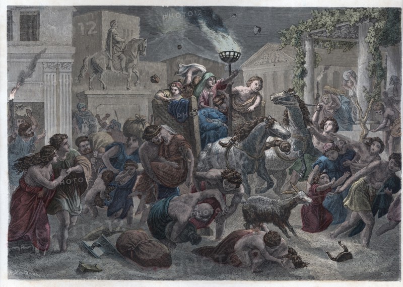 Destruction of the city of Pompeii by the eruption of Vesuvius volcano, engraving 1868.