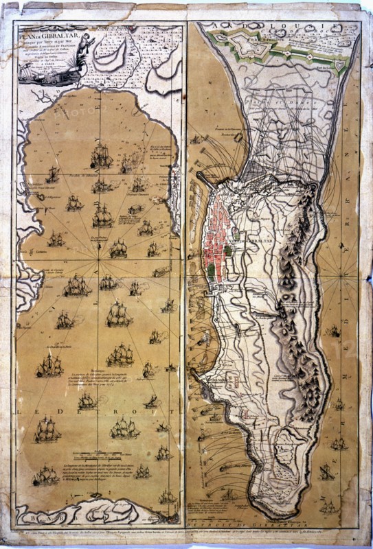 Colored drawing of the bay and the territory of Gibraltar during the naval battle that Spain and ?