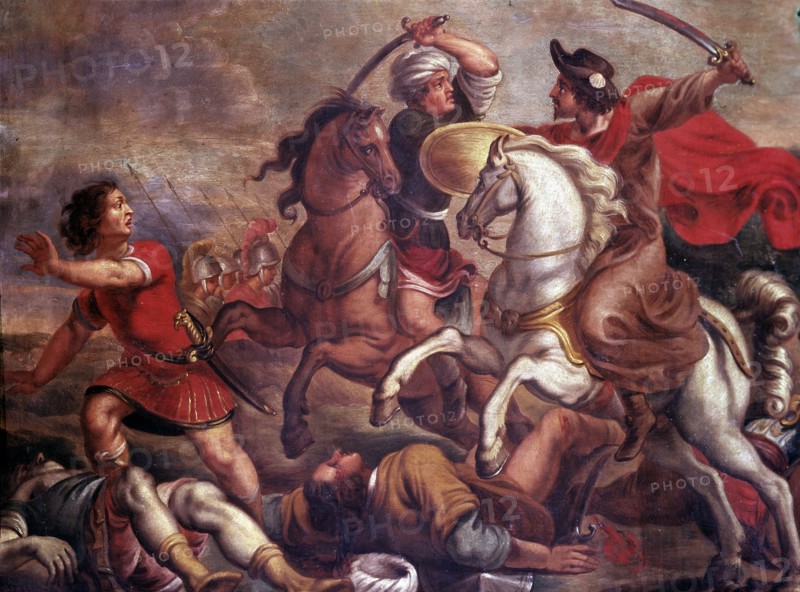 Santiago 'The Elder', disciple of Jesus and one of the 12 Apostles, battle of Clavijo, oil on cop?