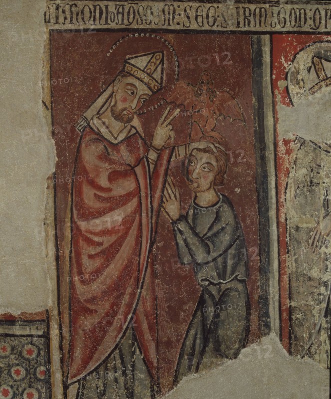 Saint Ermengol exorcising a demon-possessed', mural passed to canvas, around 1300.