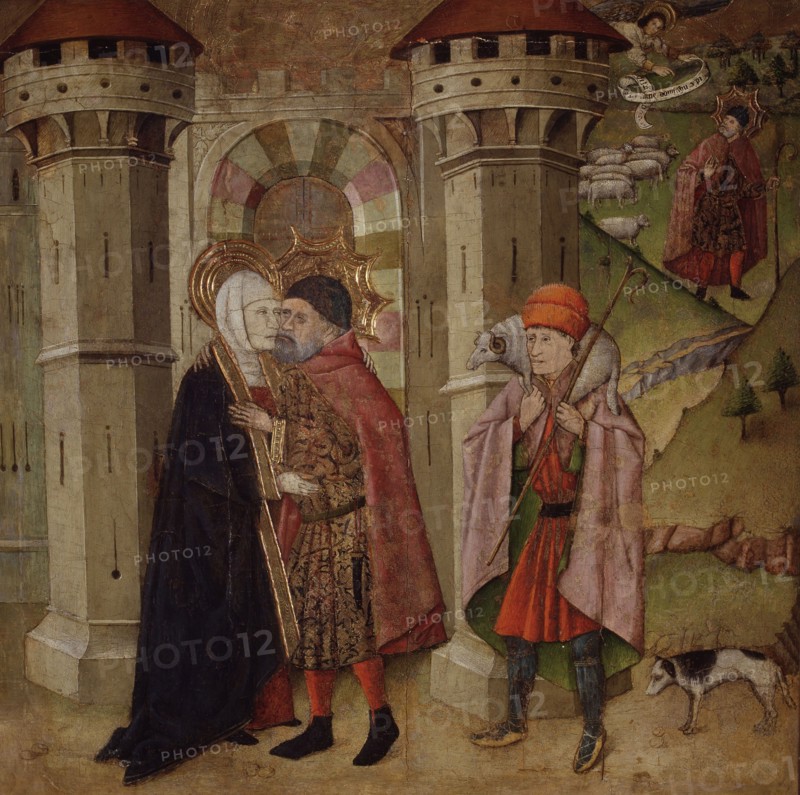 Saints Joachim and Anne before the sacred gate of Jerusalem', tempera painting work by Jaime Huguet.