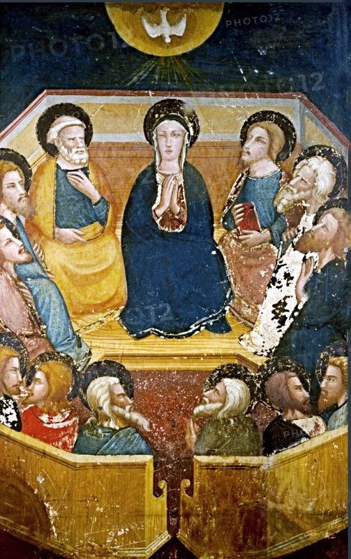Virgin with the apostles' detail of the paintings by Ferrer Bassa, frescoes preserved in the chap?