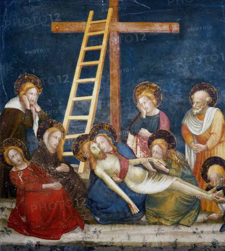 Pietà' Jesus dead in his mother's arms and the Apostles, detail of picture of Ferrer Bassa, prese?