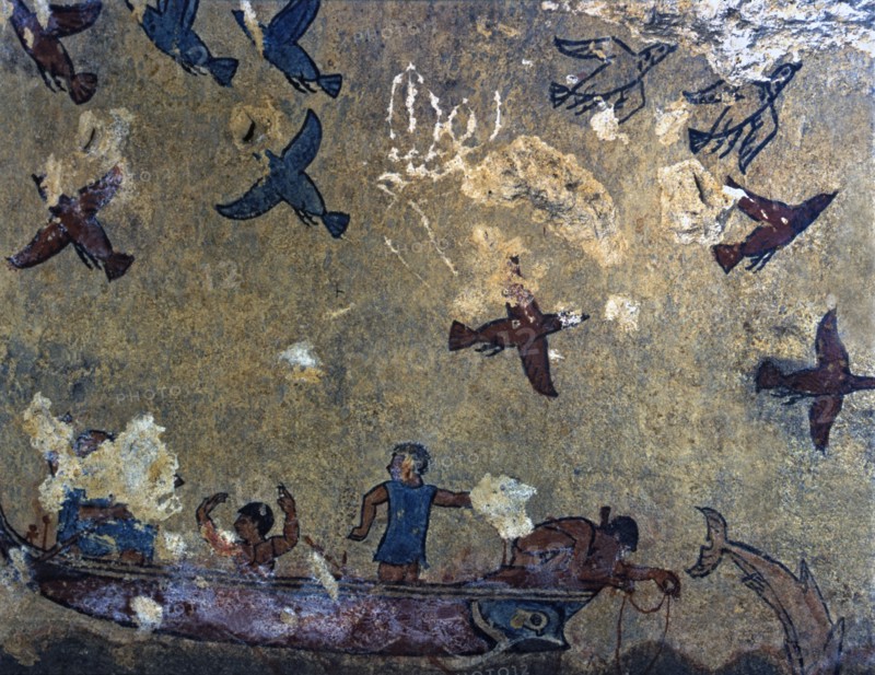 Tomb of hunting and fishing. Fresco depicting men in a fishing boat and birds flying, from Tarqui?
