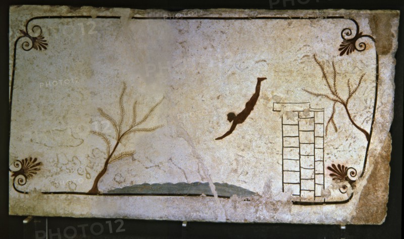 Painting showing a man jumping off a springboard at the Tomb of Jumper, Greek painting italic-inf?