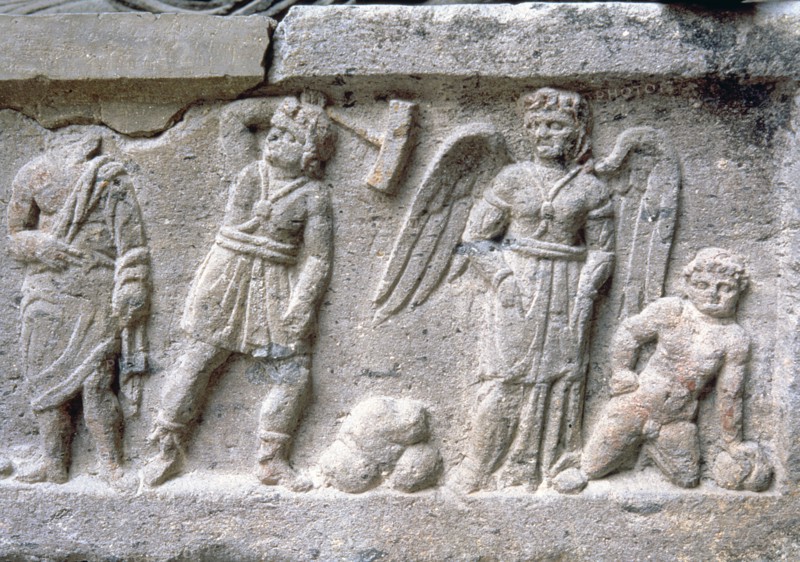 Etruscan stone sarcophagus with reliefs of Eastern influence, with various characters including a?