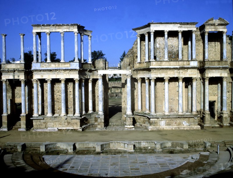 View of the stage of the Roman theater of Merida which consists of two floors with columns, 24 b.C.