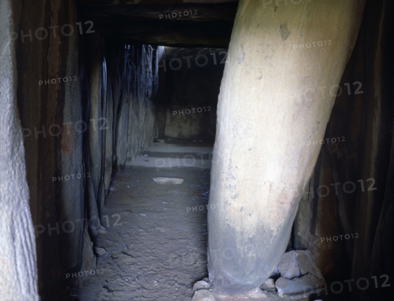 Soto dolmen, cave built in stone, view of the corridor with the chamber at the bottom.