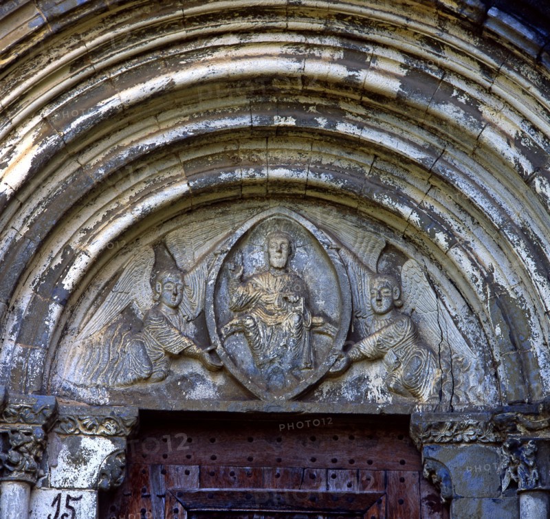 Church of Our Lady of Baldos in Montañana (Huesca), detail of main portal with tympanum carved wi?