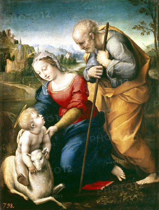 Holy Family of the lamb', 1507, Oil on table by Raphael.