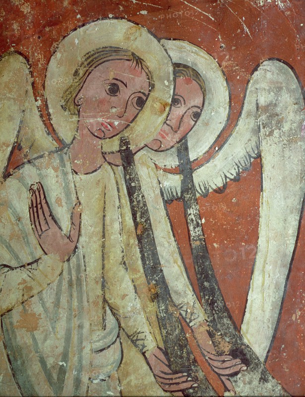 Mural of a sepulchral monument from San Pablo de Casserres, representing angels with long trumpet?