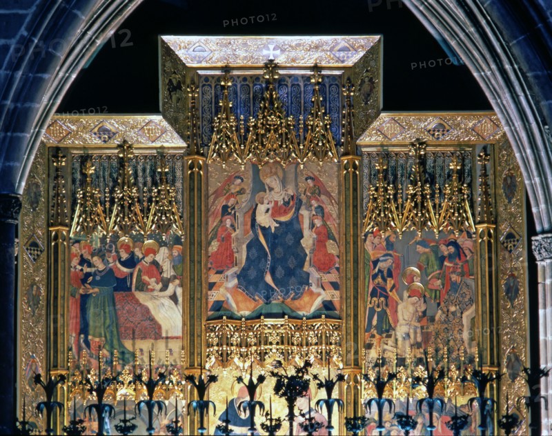 Altarpiece of Saints Cosme and Damian, detail of the three tables on the top, 1455 by Miquel Nada?