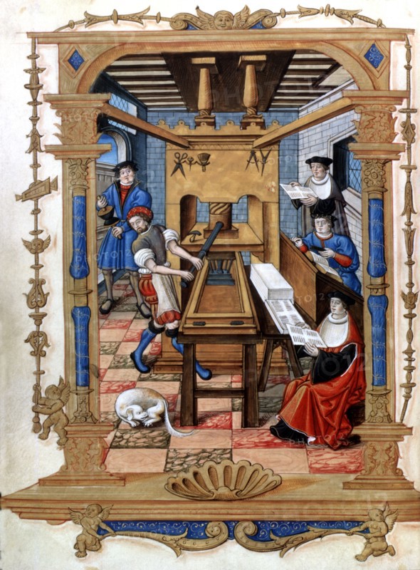 Interior of a printing house, miniature of 'Cantos reales sobre la Concepción' (Royal Songs on th?