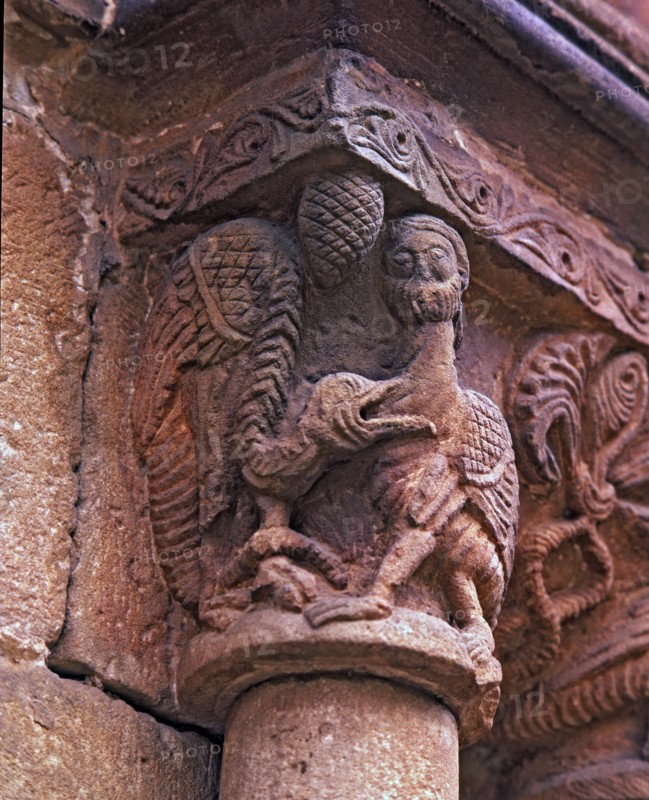Capital decorated with animal motifs in the cloister of the old monastery.