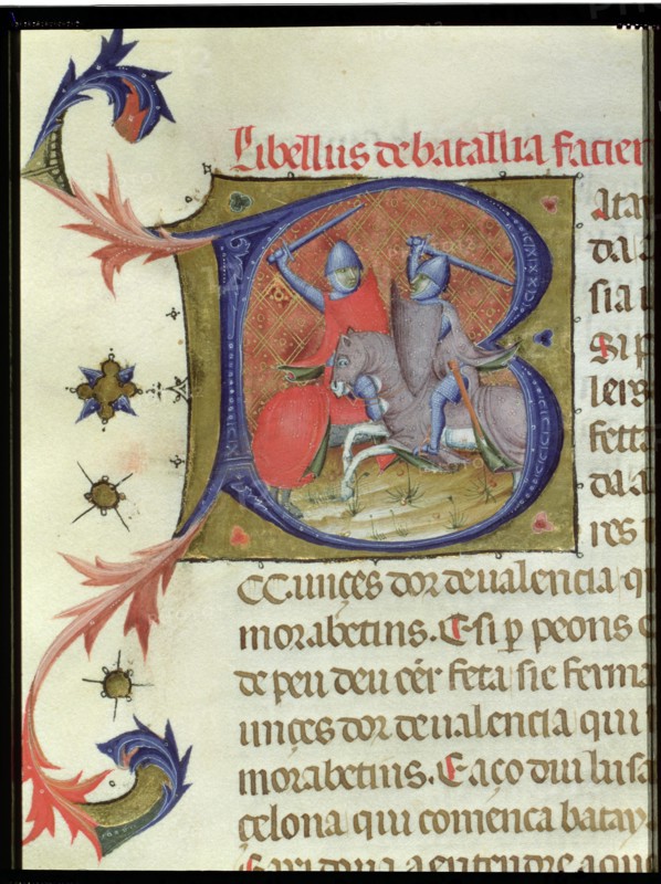 Llibre Verd, book of the city of Barcelona. 'Fight between knights', miniature decorating the ini?