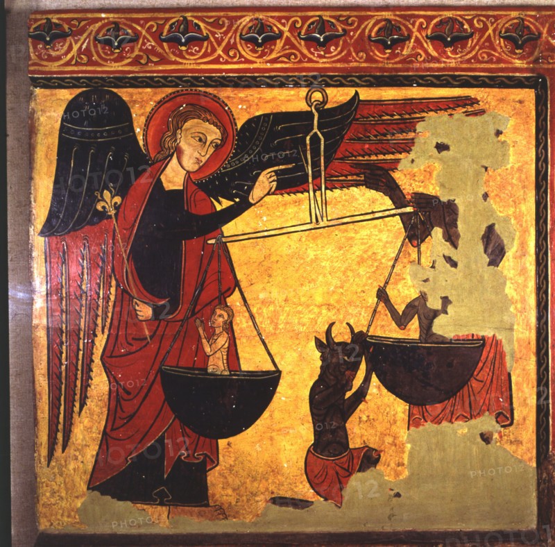 Saint Michael weighing souls and demon trying to appropriate them. Painting on wood, board from a?