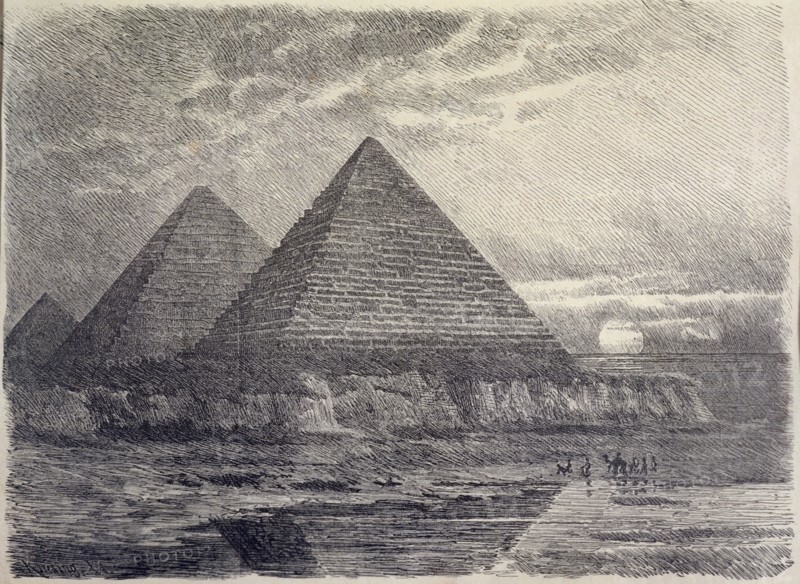 Pyramids of Egypt, German engraving from 1886, is one of the seven wonders of the world..