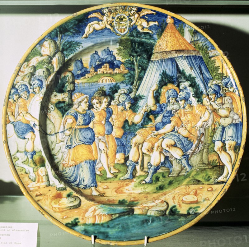 Scene of the Darius family before Alexander, decorating a Faenza dish of 1563.