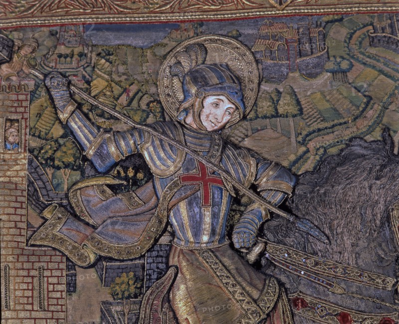 Frontal of Saint George, in linen embroidered fabric, year 1450-1451, detail of St. George.