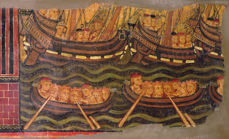 St. Ursula and the Virgins in their journey to Rome in sailing and rowing boats. Detail of a tabl?