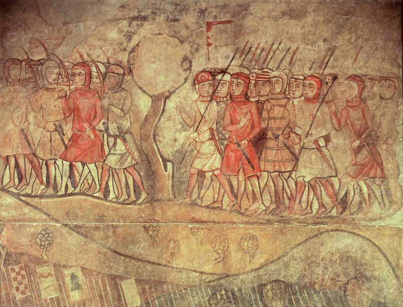 Military retinue against Almogavars, mural Painting in the old Royal Palace in Barcelona, known a?