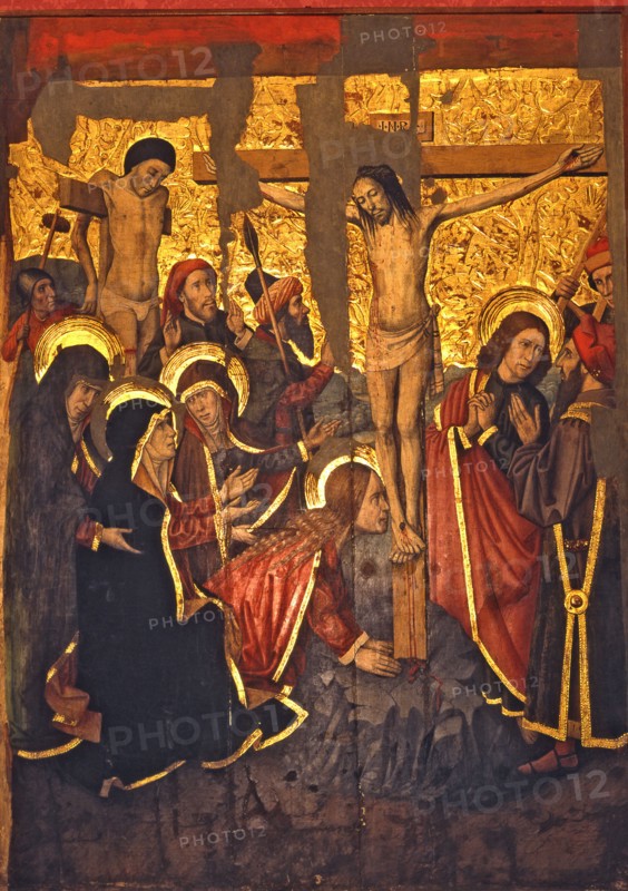 'Calvary', top center table of the 'Altarpiece of San Bernardino and the guardian angel', 1470. ?