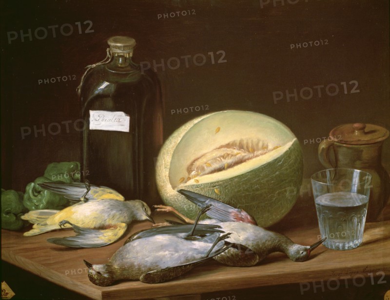 'Still Life with Melon and Birds', oil on canvas by José Lopez Enguidanos.