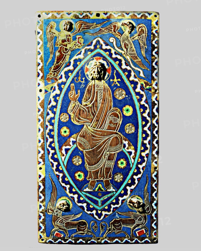 Plate with the figure of Christ in Majesty and the signs of the four evangelists, made with Limog?