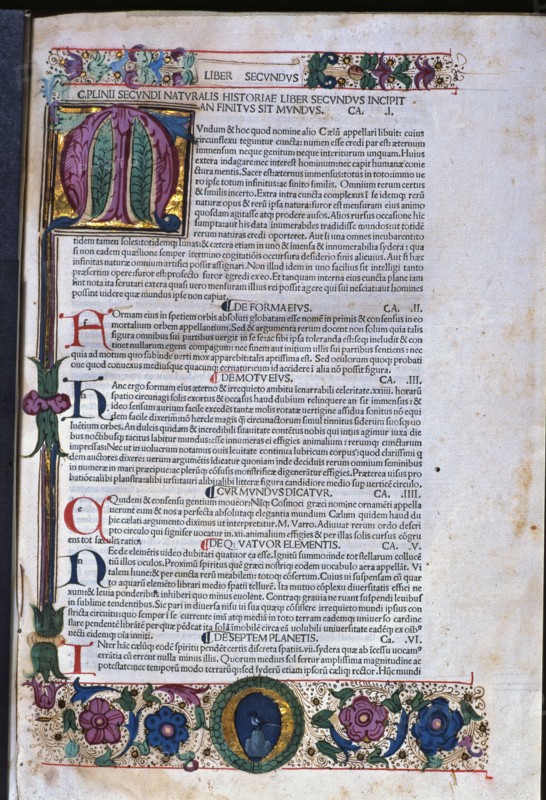 Natural History, an illuminated page of the Venice edition of 1478, a work by Pliny the Elder.