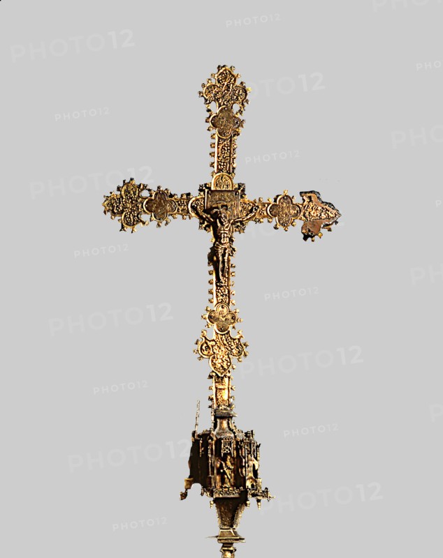 Processional cross, front, made of gilded silver, wood and glazed plates, from the Church of Sant?