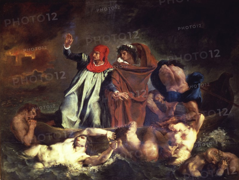 'Dante and Virgil led by Flegias, cross the lake that surrounds the hell', oil of 1822 by Eugene?