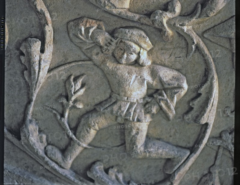 Stairway of the Senior Schools of the University of Salamanca. Detail of the relief of a dancer f?