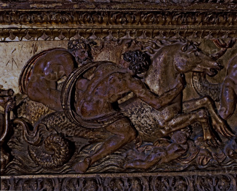 Frieze in polychromed wood, with mythological scenes belonging to the main altar of the Cathedral?