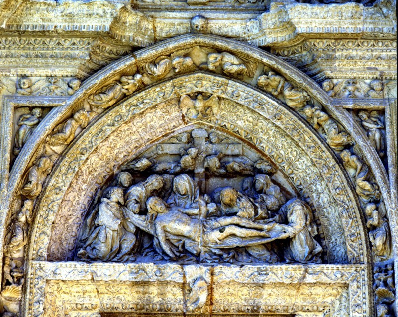 Tympanum of the Pieta on the façade of the Dominican nuns convent of Casalareina,16th century, in?