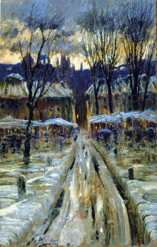 Snowy Urban Landscape, 1885, oil by Enric Serra.