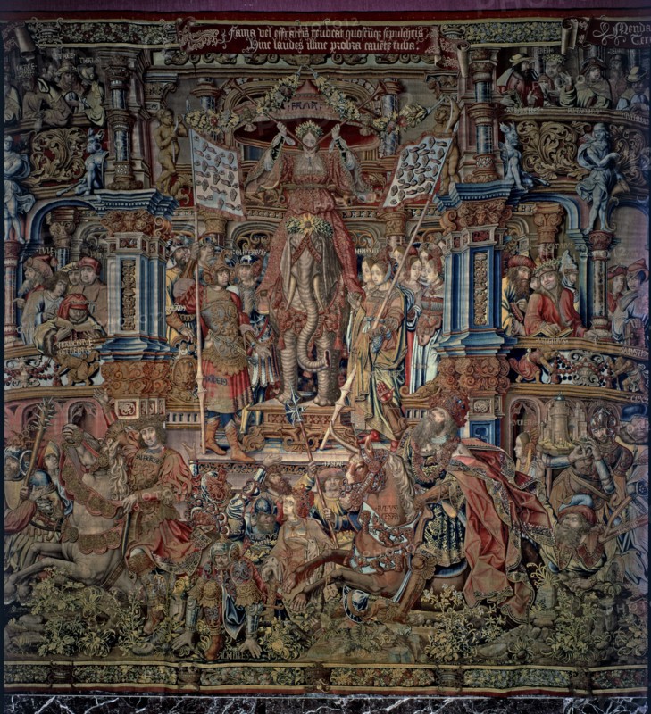 Honours'. 'The Fame', central detail of tapestry # 6 representing Fame seated on an elephant and ?
