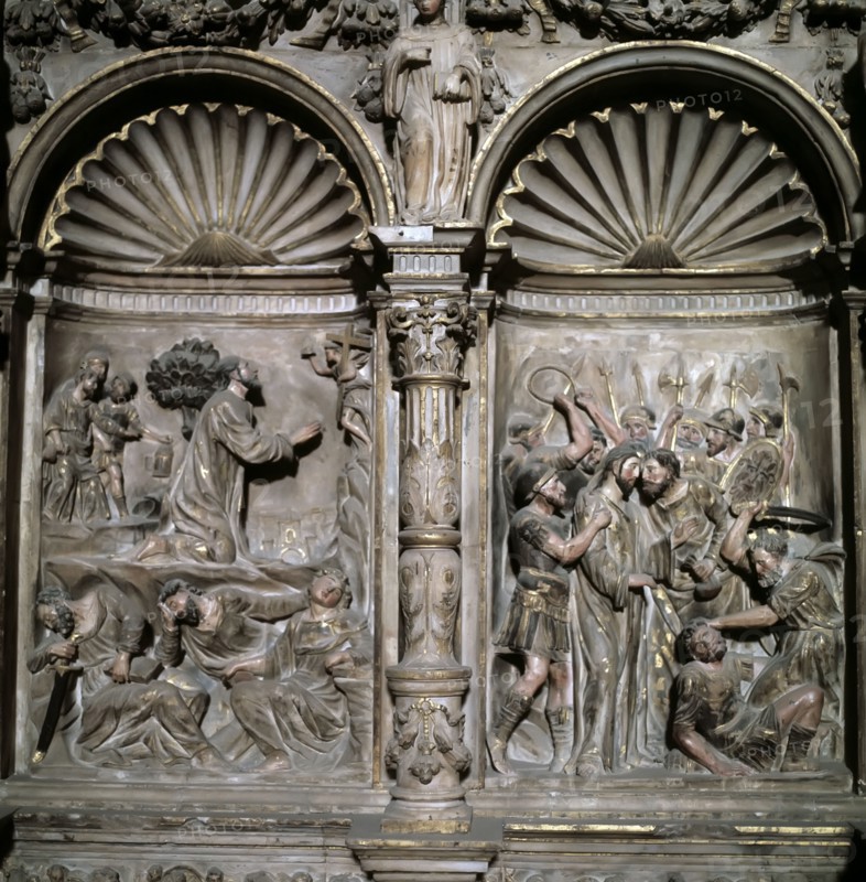 Detail of the base of the altarpiece in the main altar of the cathedral of Barbastro, with scenes?