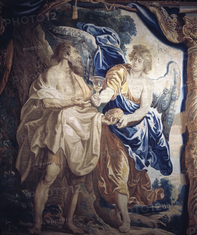 'The Prophet Elijah comforted with bread and wine'.  Detail, tapestry woven in Brussels.