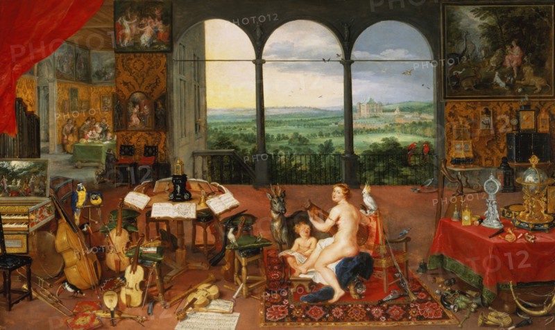 The Hearing', represented by a naked nymph singing with a lute, at her side a winged cherub and a?