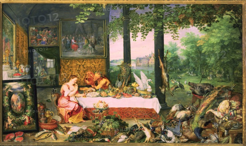 The Taste', represented by a nymph eating at a table stocked with various delicacies while a saty?