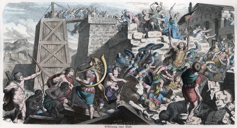 Ancient History. Rome. Romans assaulting a city. German engraving, 1865.