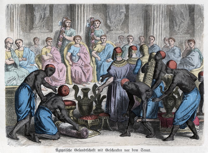 Ancient History. Rome. Egyptian Embassy presenting gifts to a senator. German engraving, 1865.