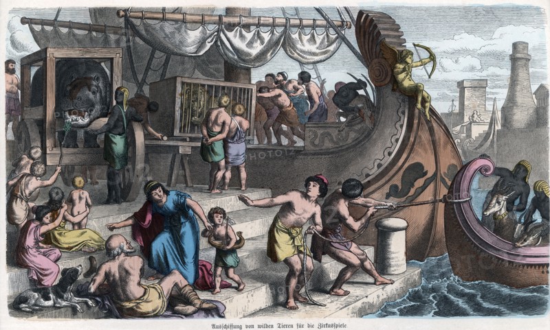 Ancient History. Rome. Landing of animals and beasts for the Roman circus. German engraving, 1866.