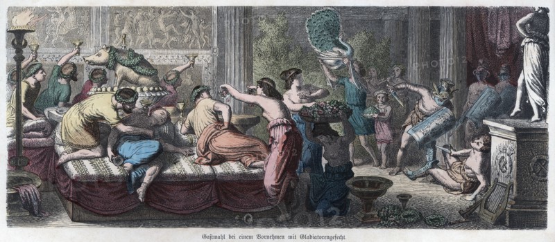 Ancient History. Rome. Orgy in a house of a Roman patrician. German engraving, 1866.