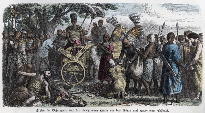 Ancient History. Egypt. Counting the hands cut to prisoners. German engraving, 1865.